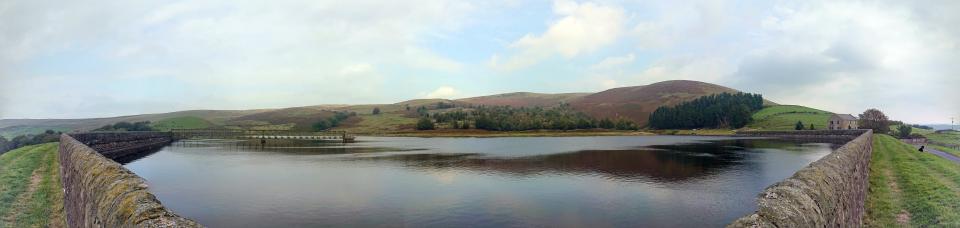 Churn Clough reservoir & Pendle Hill panorama 