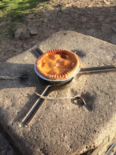 A Haffners Meat and Potato Pie on the Pendle Hill trig point 